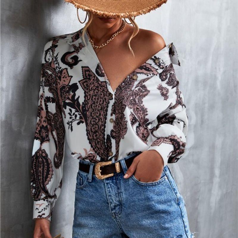 

Polo Commuter Single-Breasted Multiple Wear Long-Sleeve Shirt Brown large flowers on white background 2XL