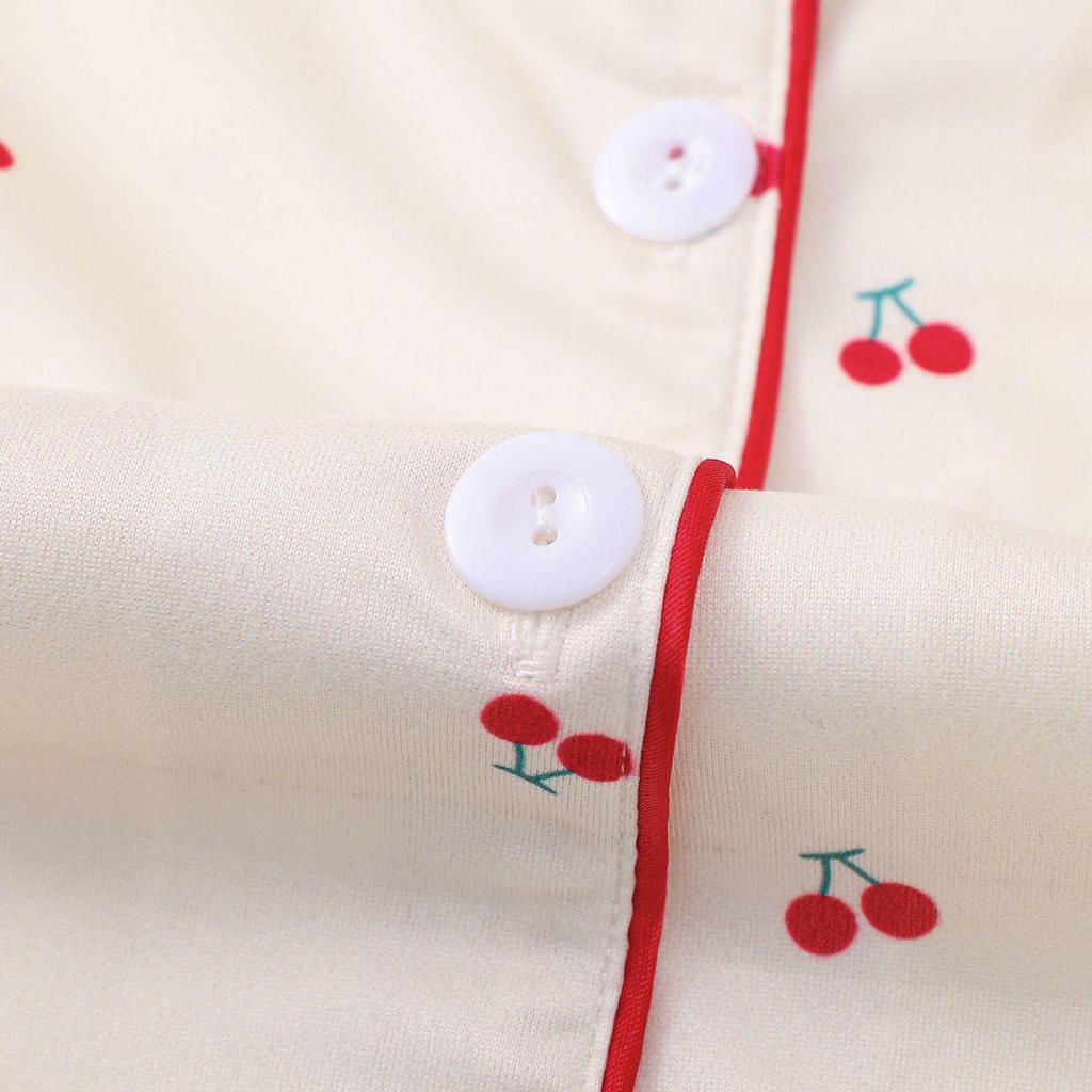 Cherry Print Women's Pajama Set - Short Sleeve & Shorts, European & American Style Home Wear