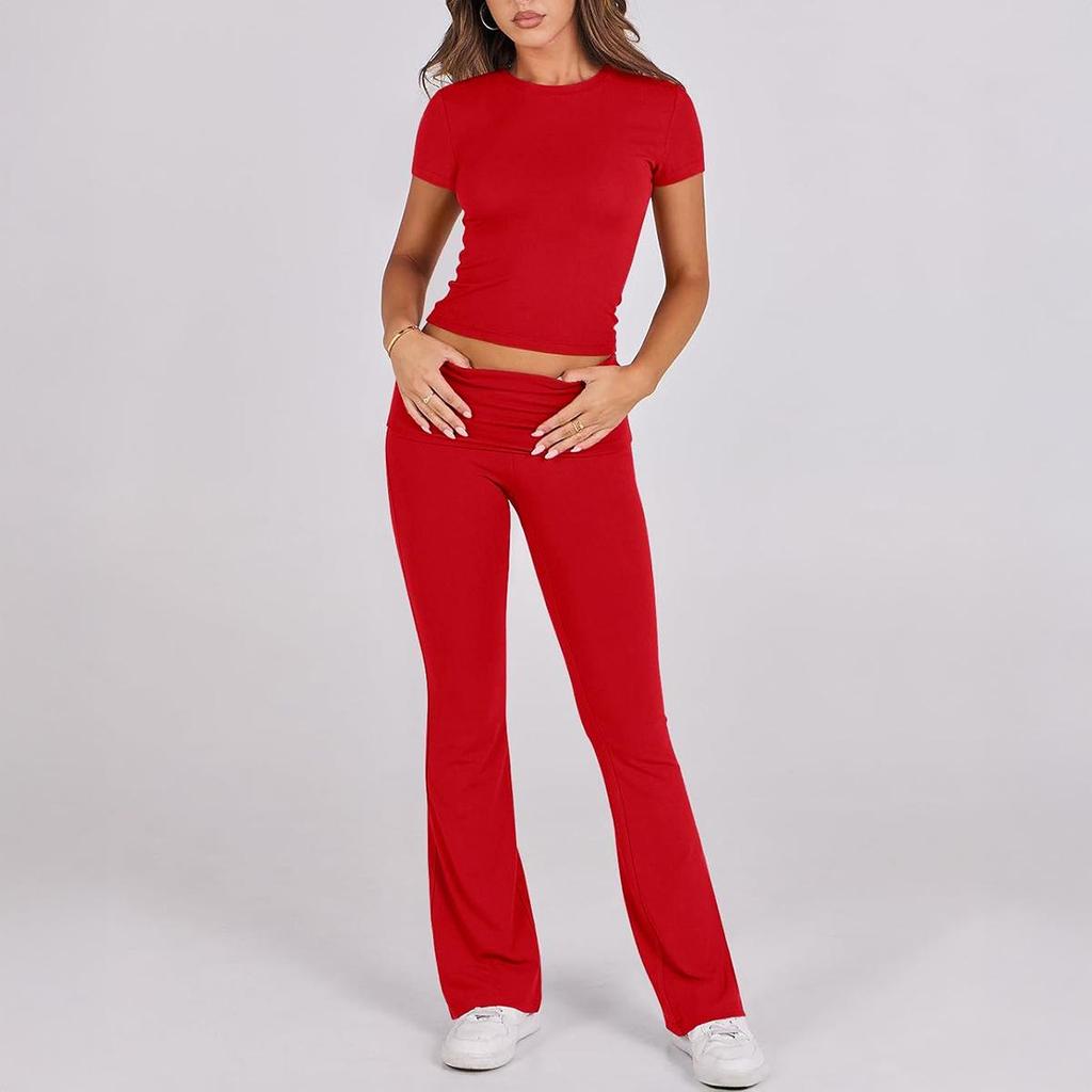 Diyun Women's Casual Solid Color Slim Short-Sleeved Long Pants Suit for Spring/Summer 2025