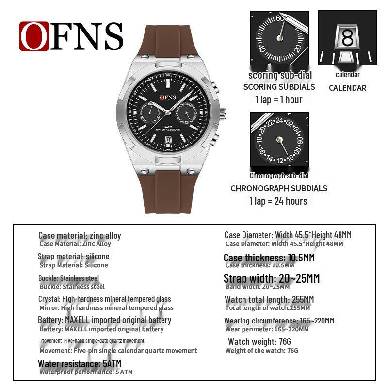 OFNS Men's Fashion Quartz Watch: Youthful Design with Calendar, Waterproof, Multi-Functional Wristwatch