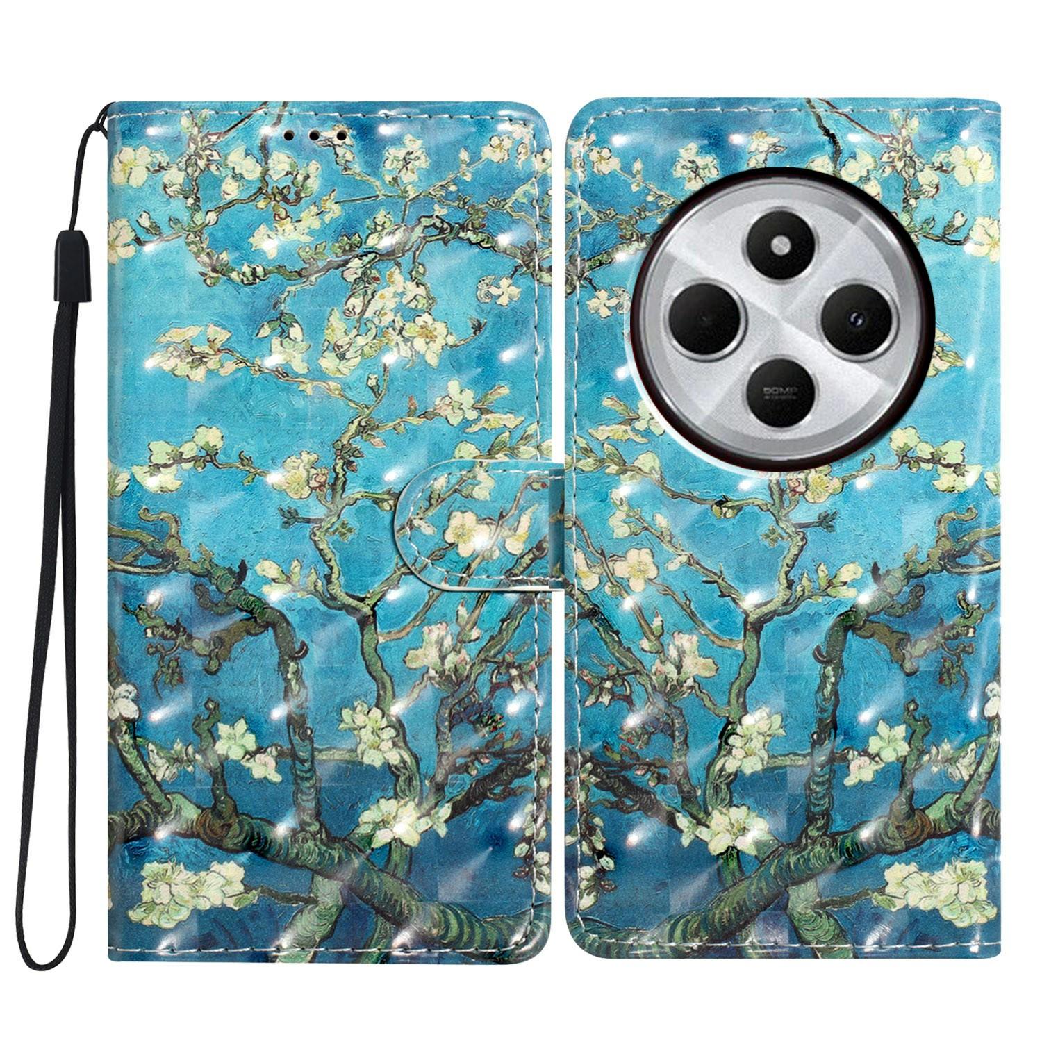 

For Xiaomi Poco C75 4G/Redmi 14R 5G/14C 4G Case PU Leather 3D Pattern Printing Wallet Phone Cover Apricot Blossom