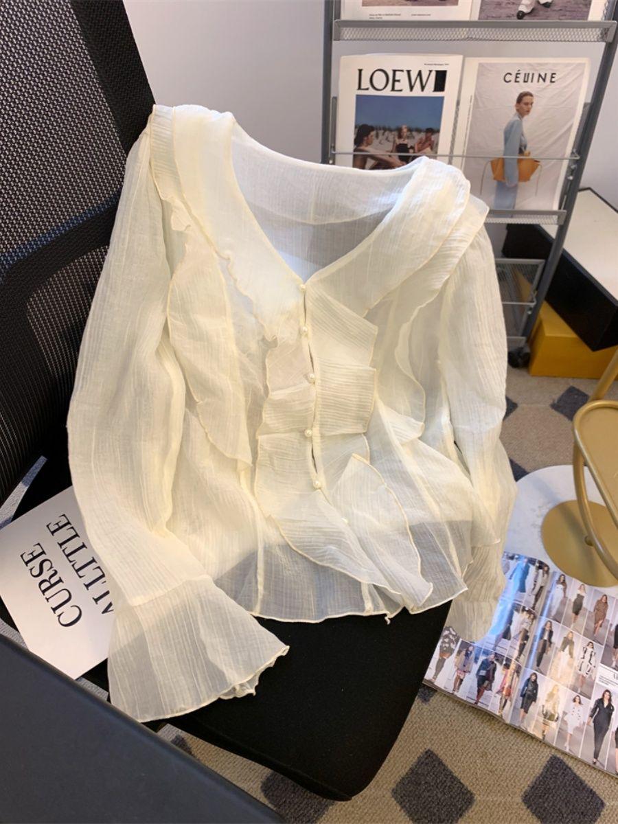 

Шифоновый кардиган с рукавами-колокольчиками и V-образным вырезом - Женский летний топ с оборками для защиты от солнца XXL