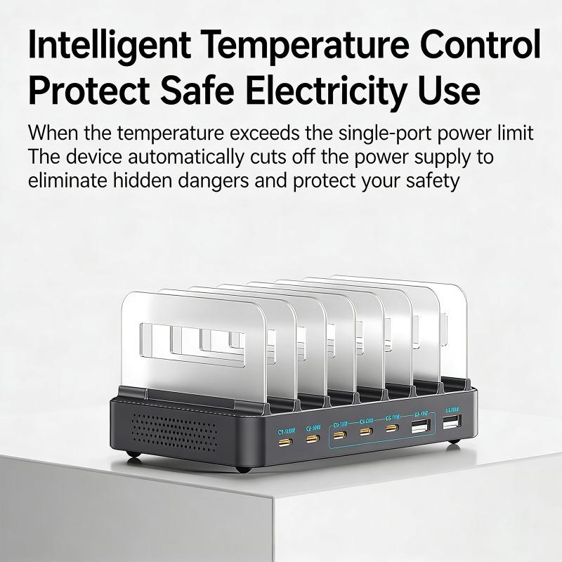 288W High-Power GaN Desktop Charging Station 8 Ports USB Multi-Port Charger with Retractable Cable for Mobile Phones & Computers