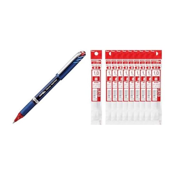 Pentel EnerGel Euro Gel Ink Ballpoint Pen, 1.0mm Red, BL30-B, 10 Pens & EnerGel 1.0mm Refill, Red, XLR10-B, 10 Refills