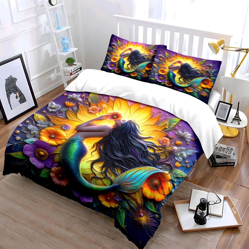 Mermaid Floral Art Decor Set Multiple Sizes Kid'S And Adults' Bedroom Exquisite 3Pc Bedding Set, Gift