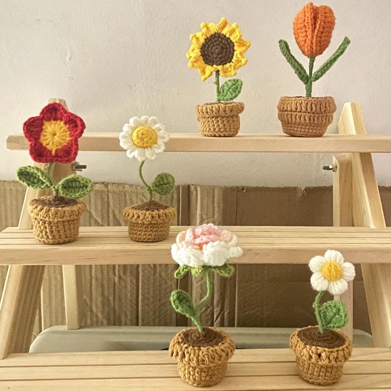 Potted Plant Handmade Crochet Artificial Knitting Flower Home Decor Diy