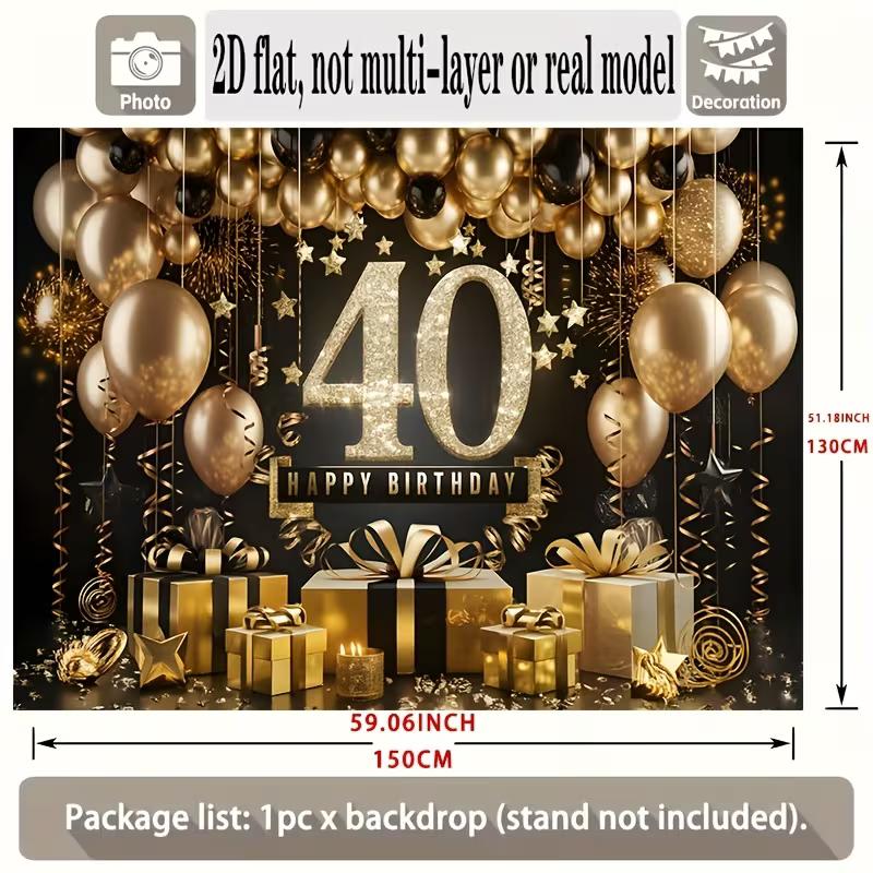 

2D Black Gold 40th Birthday Backdrop Happy 40th Birthday Party Decoration Banner 47.2x31.5inch/120*80cm