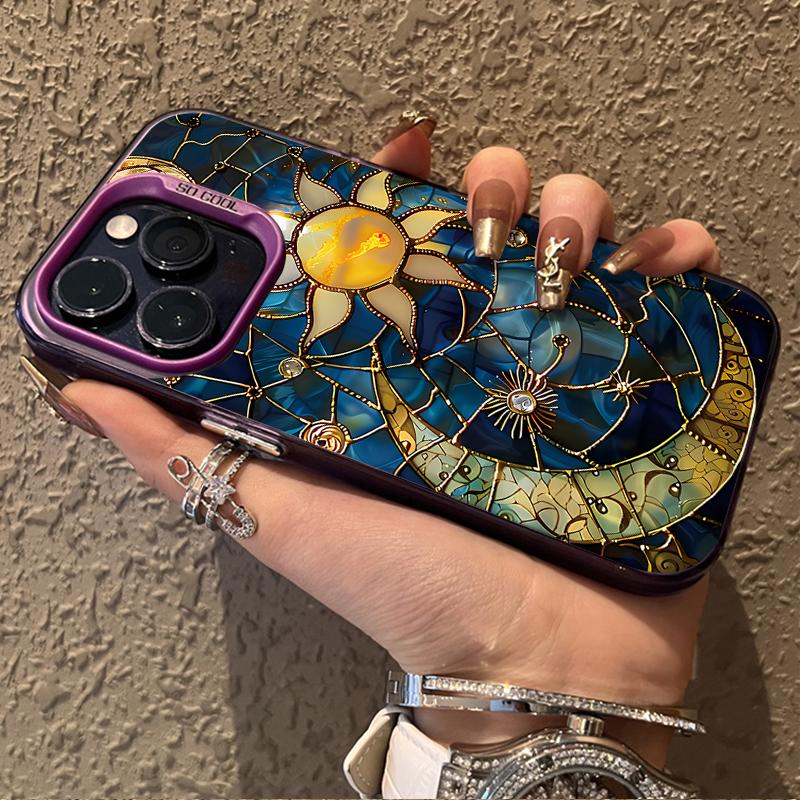 

Stained Glass Sun Moon and Retro Music Art Phone Case for iPhone 17 16 15 14 13 12 11Series Pro Max Plus Double Layer Protection iphone 12 ProMax