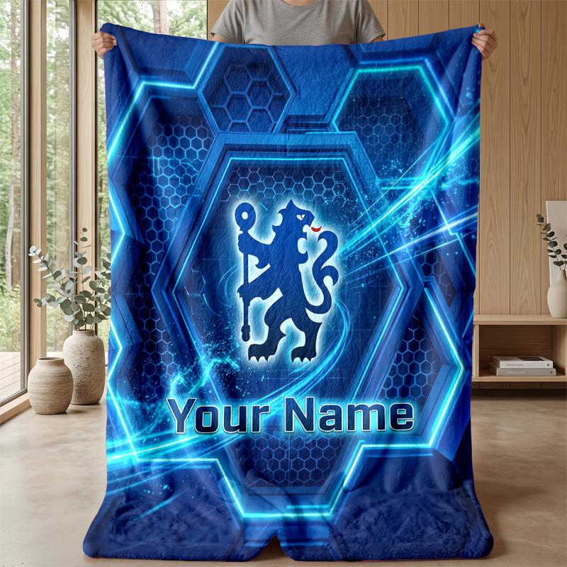 Custom Text Flannel Throw Blanket, Lightweight Cozy Bed Sofa BlanketChelsea FC