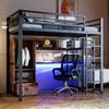 Loft Bed, 90 X 200cm, Metal Bed, with LED Lights, Desk, 1 Drawer, Shelves, Guardrail, Stairs, Without Mattress, EN747 Certified, Black
