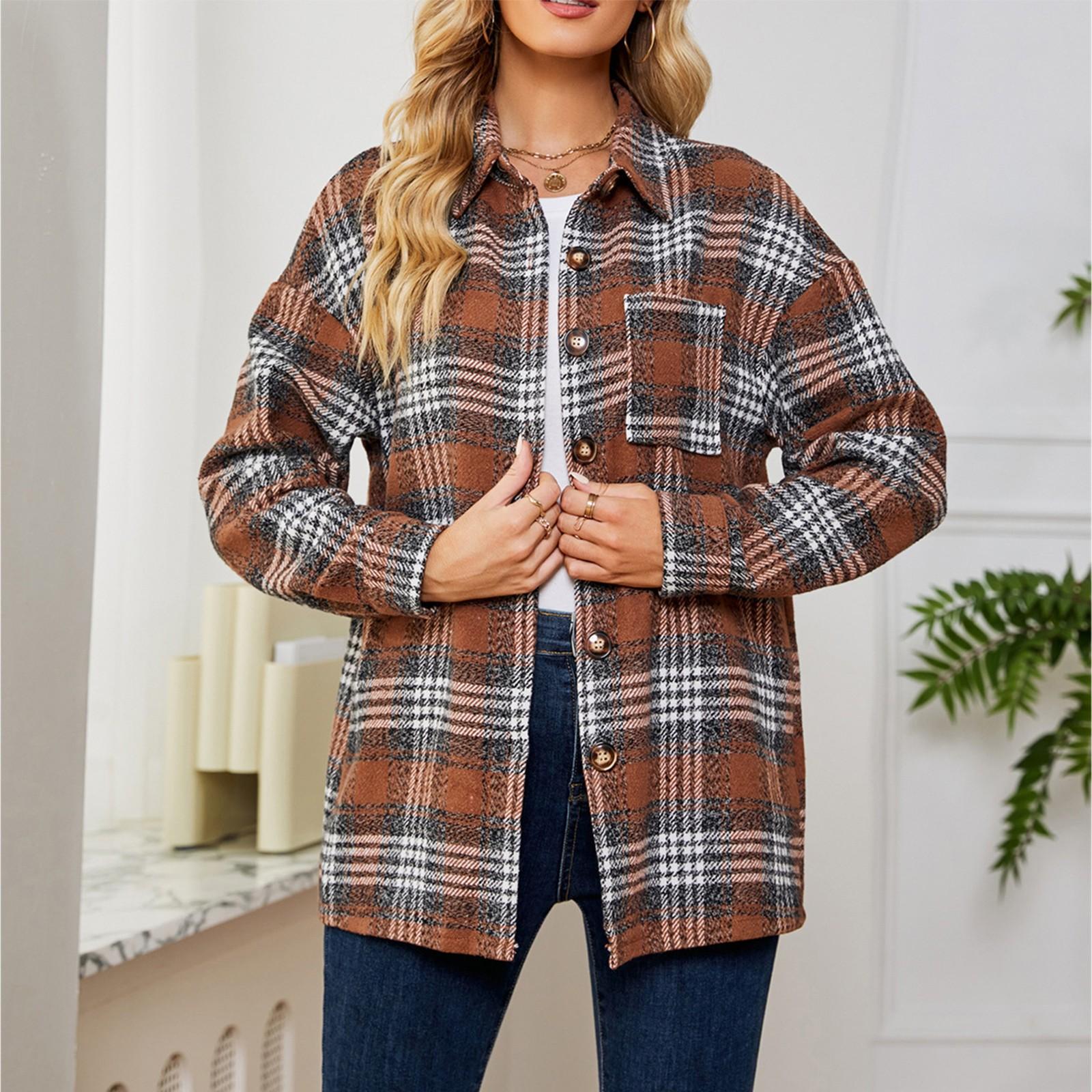 

Женская модная клетчатая куртка с длинными рукавами, лацканами, пуговицами и карманами, повседневная, свободного кроя XL