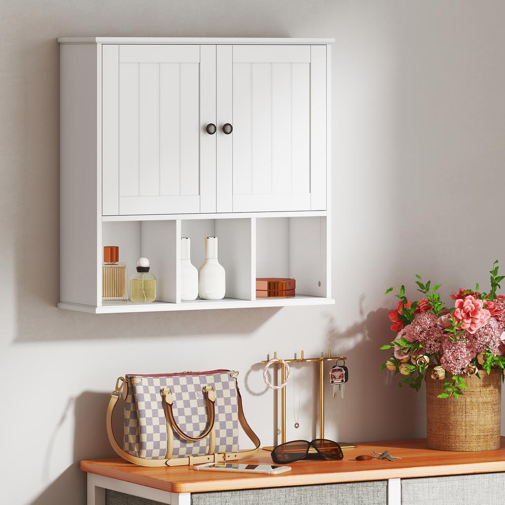Bathroom Wall Cabinet, 2 Doors, Adjustable Shelf, Open Compartments, White