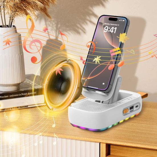 Bluetooth Uyumlu Hoparlörlü Cep Telefonu Standı LED Işıklı Katlanabilir Döndürülebilir Masa Standı TF Kartlı Kablosuz Hoparlör Samsung Tabletler İçin