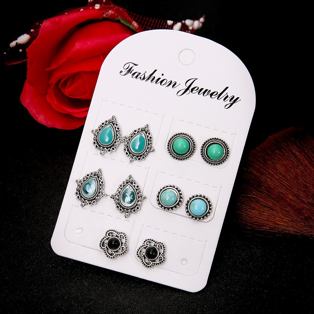 New Trends 5 Pairs Of Jewelry Dazzling Turquoise Gemstones Bohemian Earrings Stud Earrings