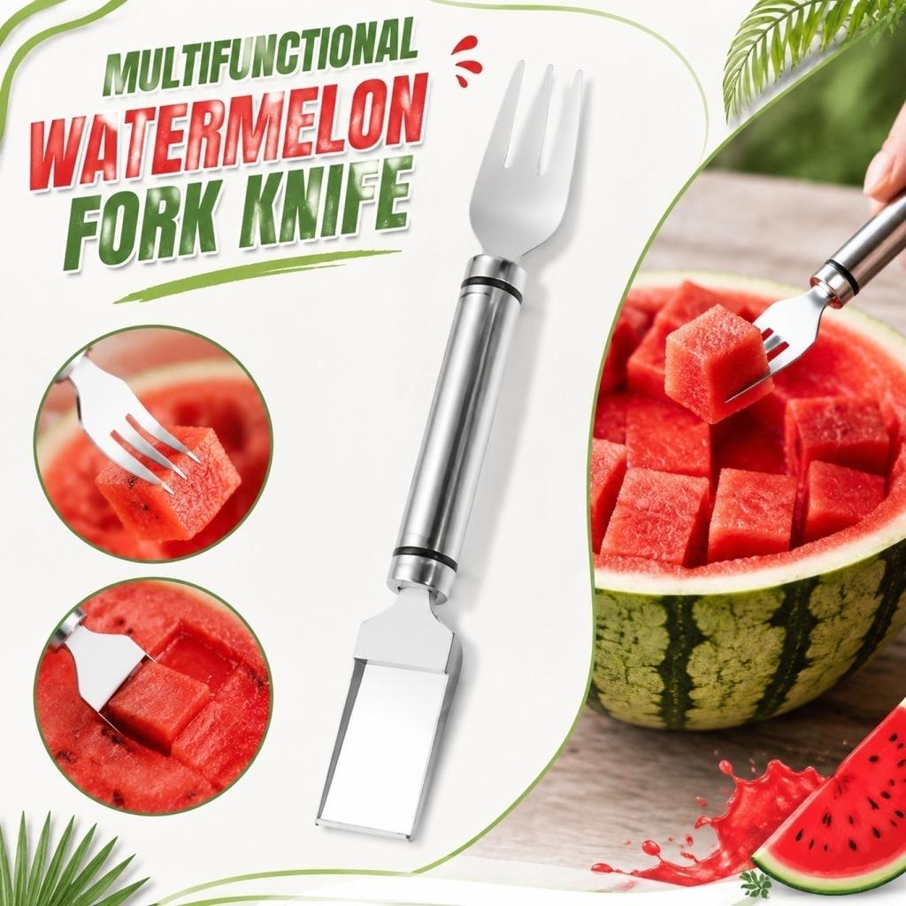 Multifunctional Kitchen Tool 2 in 1 Watermelon Cutter and Fork Stainless Steel Fruit Slicer and Server for Easy Fruit Preparation and Serving