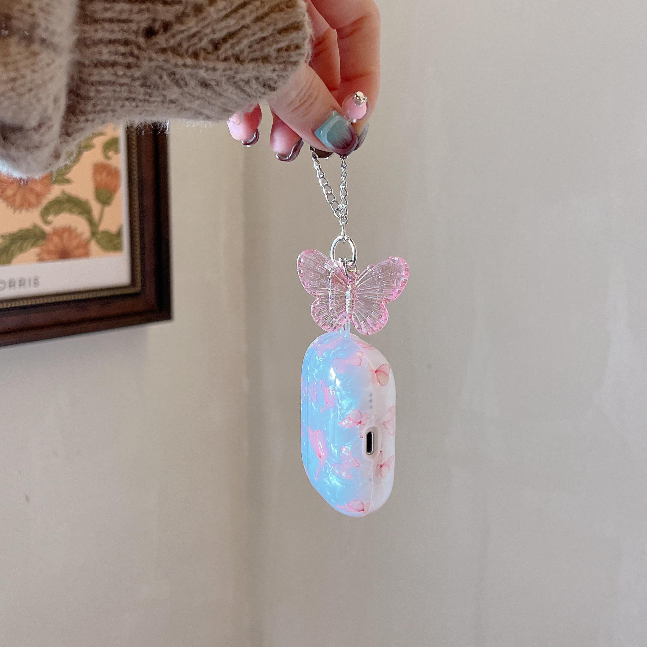 

For Apple AirPods 3 Pink Butterfly Pattern Protective Cover TPU Earphone Anti-drop Case with Pendant