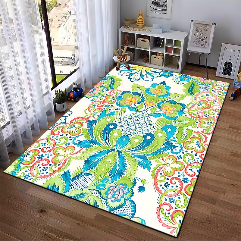 Floral Pattern Carpet with Vibrant Green Blue Red Design, Modern Style Suitable for Use As an Anti-slip for Living Room Bedroom Sofas