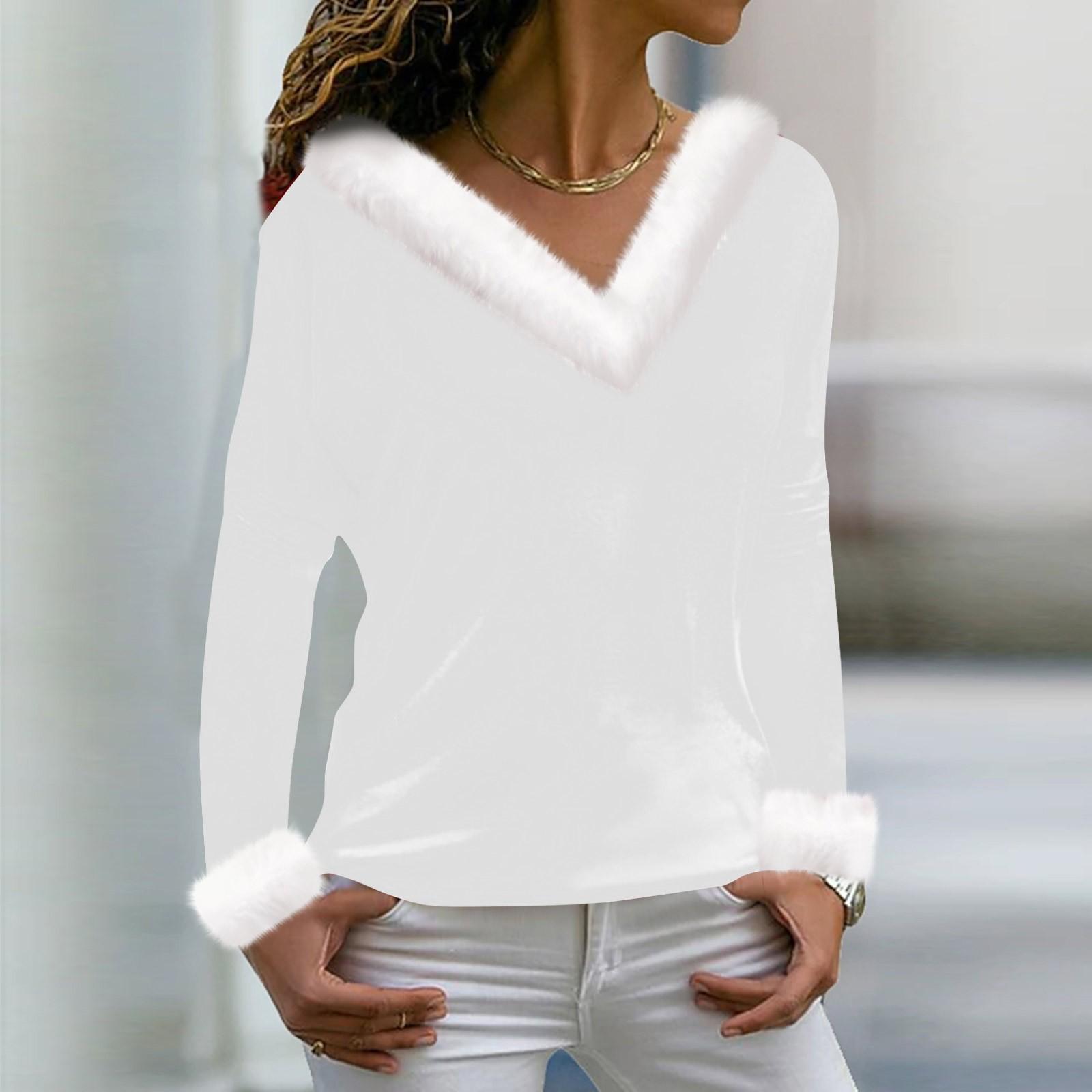 

Женская футболка, рождественская рубашка с длинным рукавом, вечерние, рождественский флисовый воротник, топ с v-образным вырезом XL белый