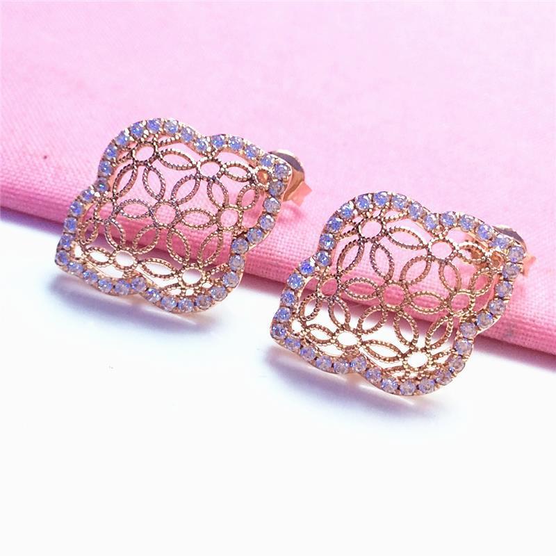 Exquisite Pure Russian 585 Purple Gold Plated Rose Gold Hollow Shiny Flower Rhombus Inlaid Zircon Ear Jewelry