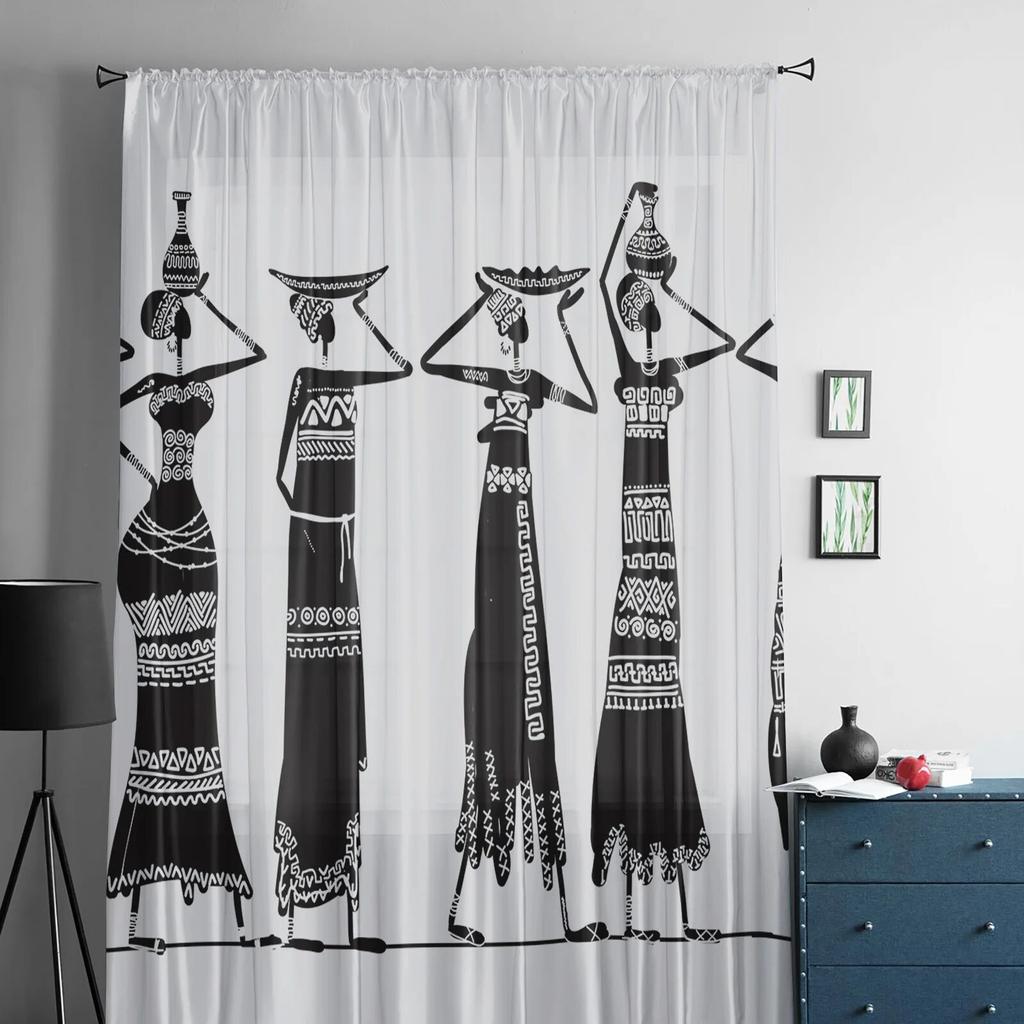 African Woman Ethnic Porcelain Sheer Curtain For Bedroom Tulle Voile Curtain For Kitchen Living Room Decor Window Treatment