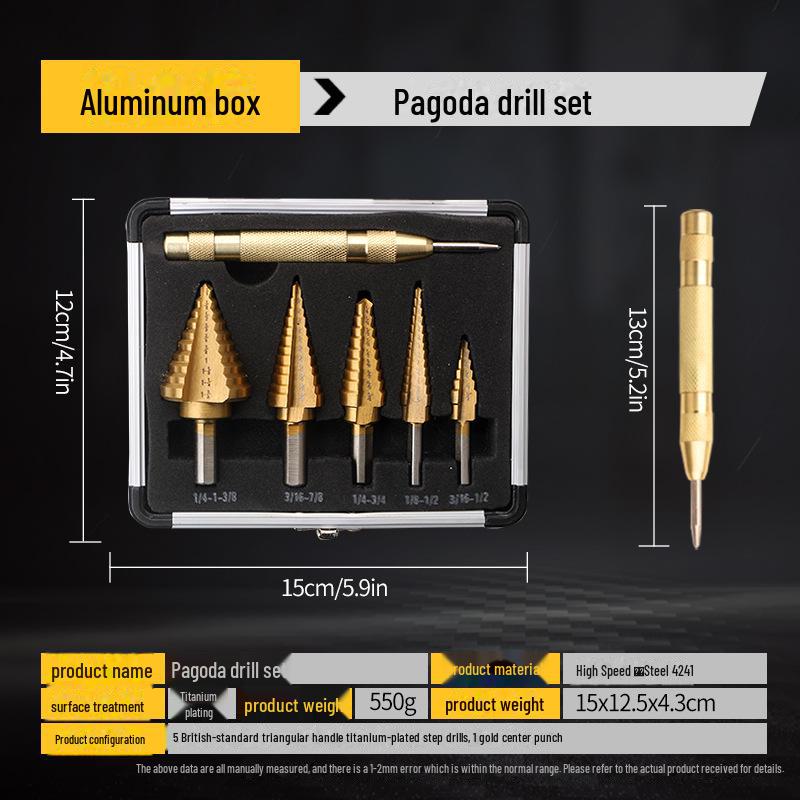 British 5-Piece Aluminum Step Drill Bit Set - Black & Yellow Multi-Function Pagoda Drill Tool