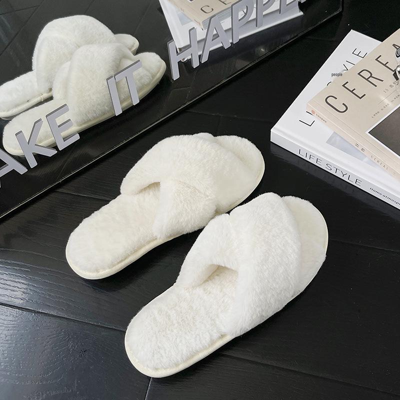 Plus Size Women's Open Toe Fur Slippers - Winter Plush Flat Bottom Indoor Warmth