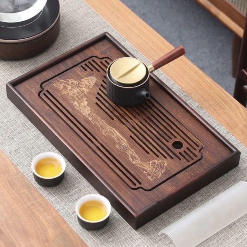 Engrave Pattern Chinese Kungfu Tea Tray Bamboo Drain Tea Table Simple Tea Drainage Board  Office