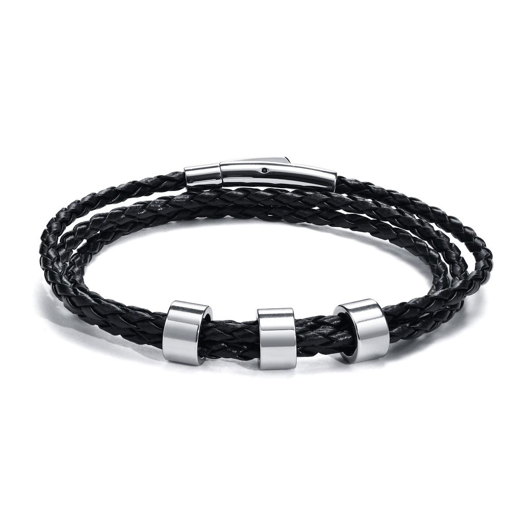 Vnox Free Custom Name Mens Braided Genuine Leather Bracelet Gifts Jewelry,Stainless Steel Beads Charm with Family Names,Dad Gift