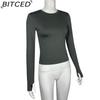 BITCED Women's Spring/Autumn T-Shirt Solid-Colour O-Neck Base Layer Slim-Fit Long-Sleeved Top