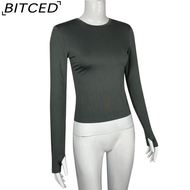 BITCED Women's Spring/Autumn T-Shirt Solid-Colour O-Neck Base Layer Slim-Fit Long-Sleeved Top