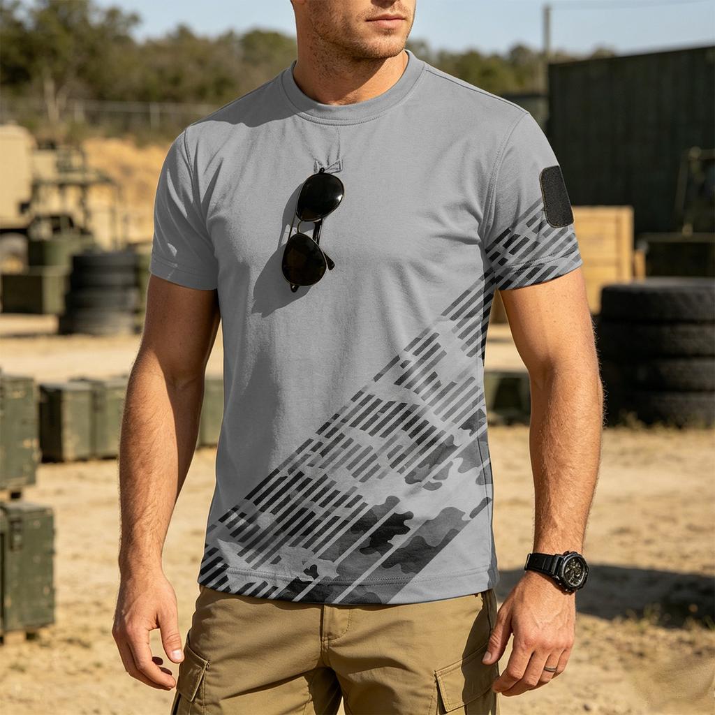 Men's Tactical Outdoor Quick Dry T Shirt Loose Fit Round Neck Breathable Short Sleeve Camouflage Print with Hook and Loop Patch Area