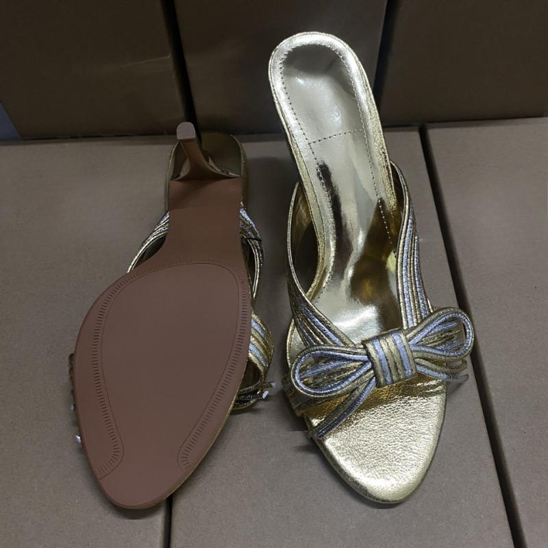 Soleist Golden High Heels Women Sandals Bow Knot Decoration Brand Designer Summer Mules Open Toe Elegant Stiletto Party Shoes for Female