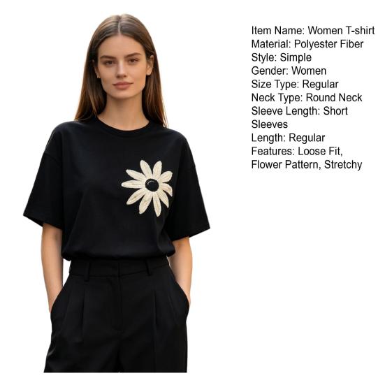 T-shirt Femme Col Rond Manches Courtes Coupe Ample T-shirt Motif Fleur Brodé Style Décontracté Hauts d'Été