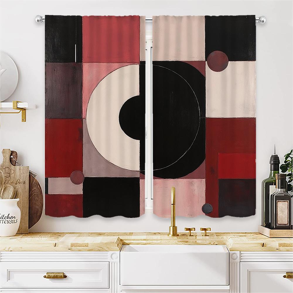 Set Of 2 Abstract Geometric Print Curtains Red Black White Color Block Design Semi Transparent Polyester Fabric Curtain Made With Rod Pocket