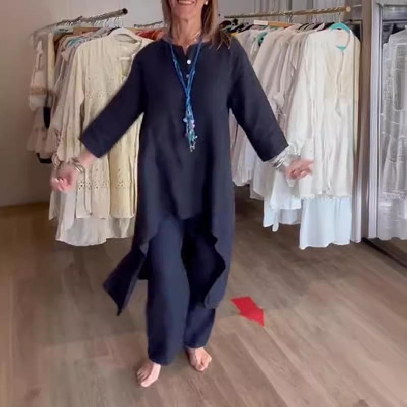 Summer Solid-colour Sophisticated-style Casual Cotton-linen Set for Women with Three-quarter Sleeves and Cropped Trousers