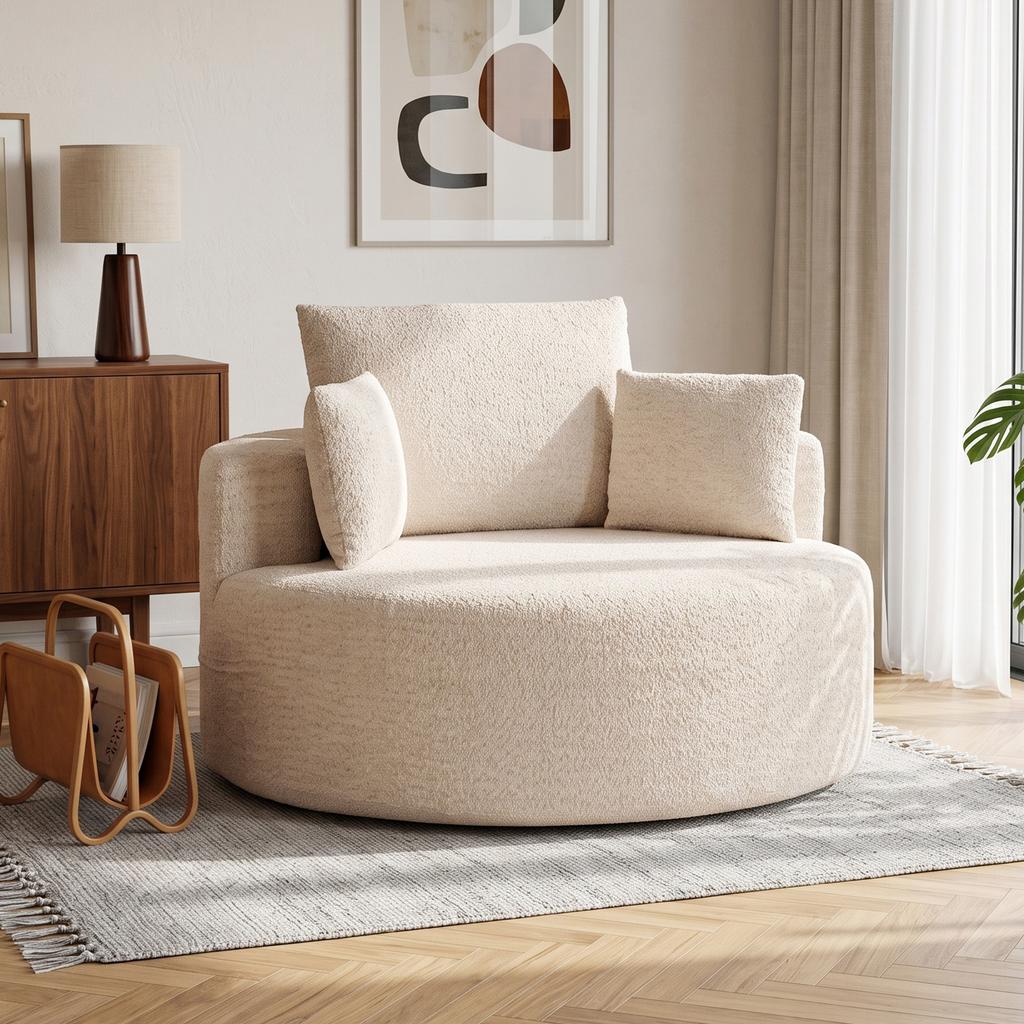 Round Chenille Ottoman Sofa, 2 Cushions, Backrest, Bolster, Load 250 kg, 130 x 130 x 82 cm, Cream