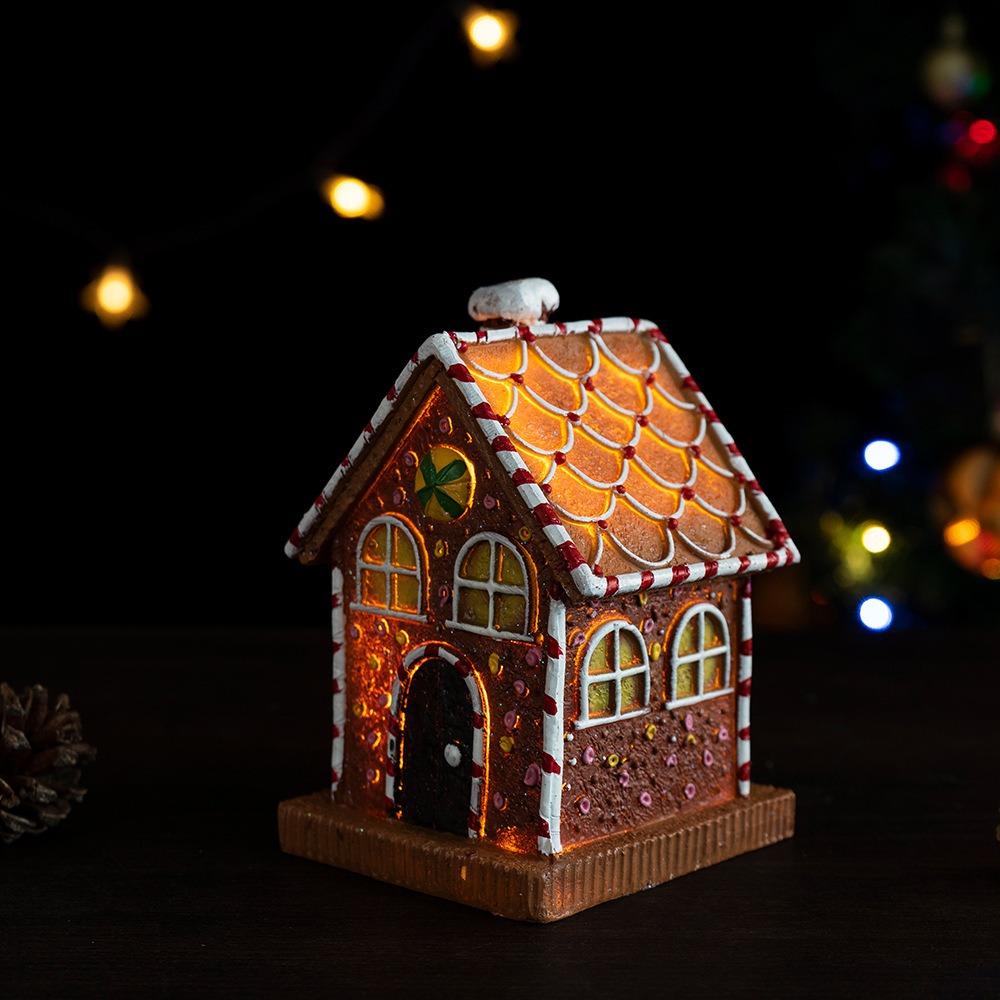 Luminous Gingerbread House Ornament Resin Collectible Christmas Village Cottage Statue LED Light Gingerbread House Figurines