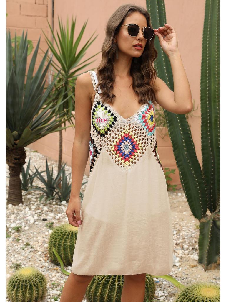 Women's Hand-Crocheted Flower Patchwork Sleeveless Beach Cover-up Dress