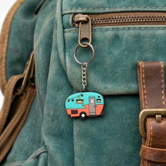 Cartoon RV Shape Keychain, Contrasting Color Keyring Accessories for Travel Trailers, Enameled Metal Retro Camping Car Keychain