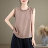 2025 Summer Women's Retro Cotton Linen Ruffle Vest - Solid Color, Loose Fit, Slimming Drawstring Base Layer Top
