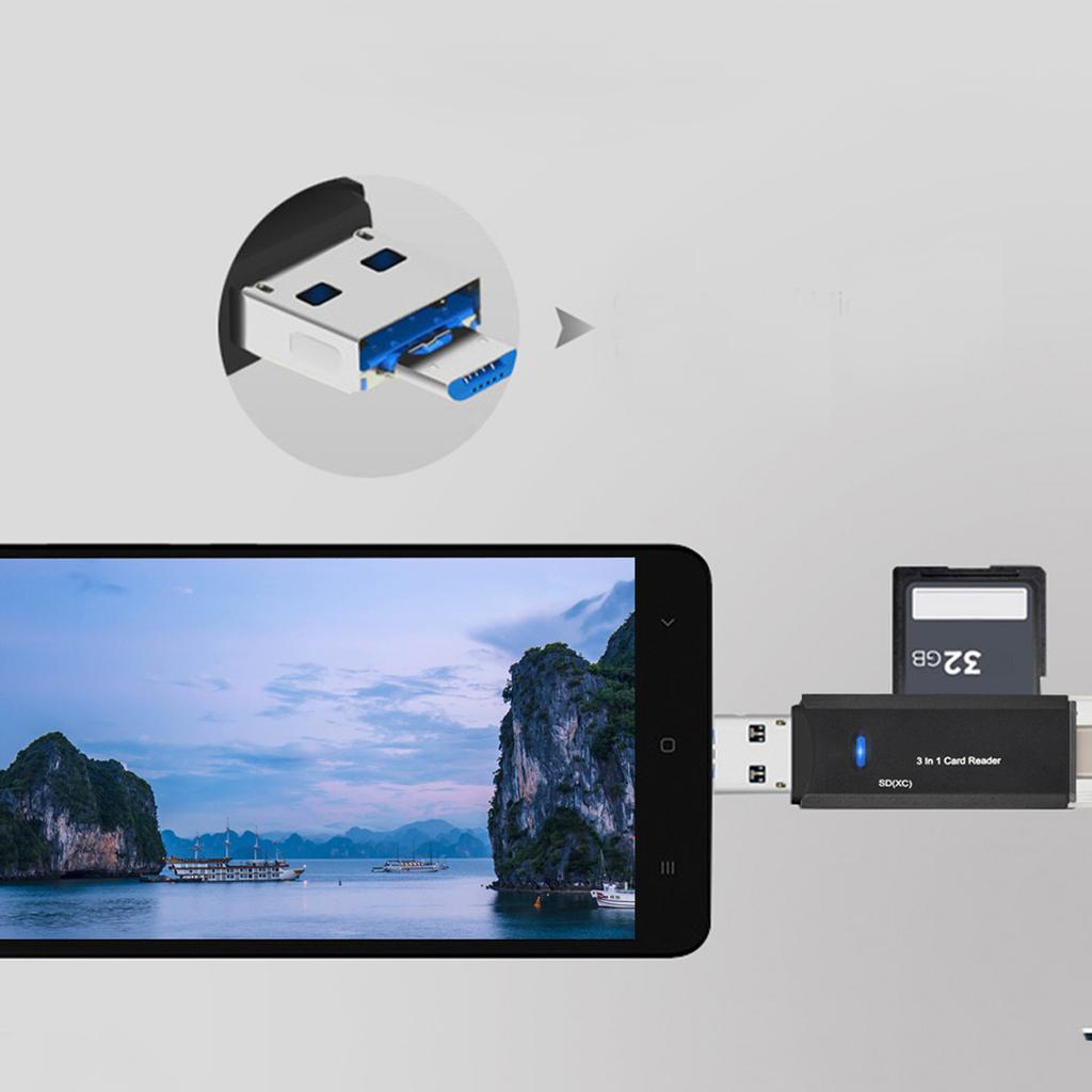 New Multifunctional 3 In 1 TypE C Micro USB Card Reader High Speed Transmission (Black)
