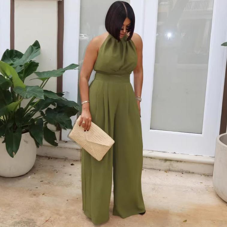 European and American fashion neck temperament sexy backless women's top African foreign style fashion high waist wide leg trousers suit