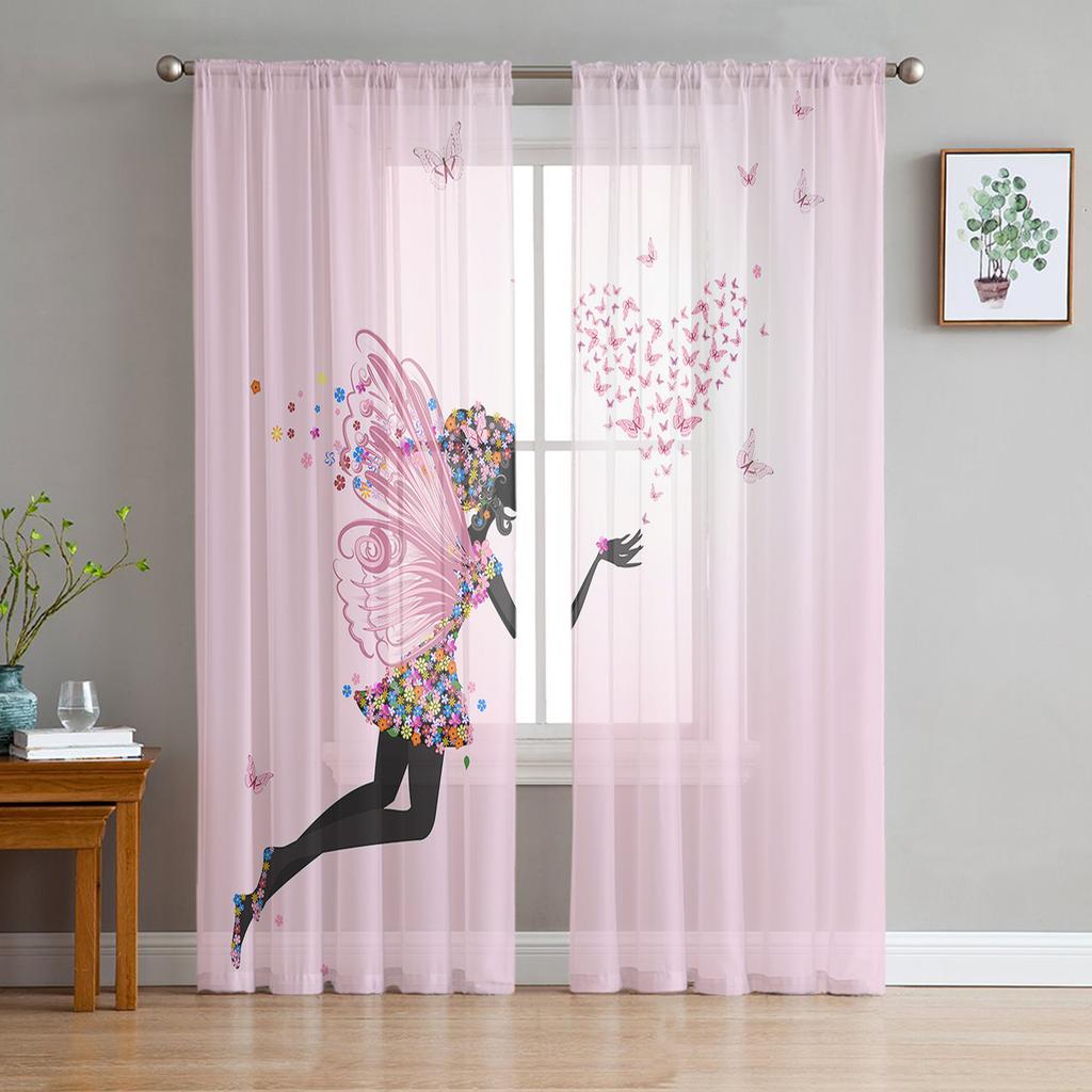 Flowers Butterfly Branches Purple White Tulle Window Treatment Sheer Curtains for Living Room the Bedroom Curtains Decoration