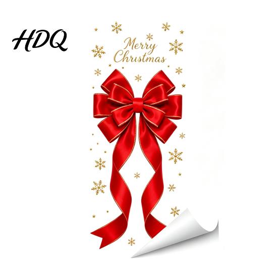 Holiday Window Decorations Static Glass Sticker Christmas Theme Bow Pattern Print Removable Film Electrostatic PVC for Home And Store Doors