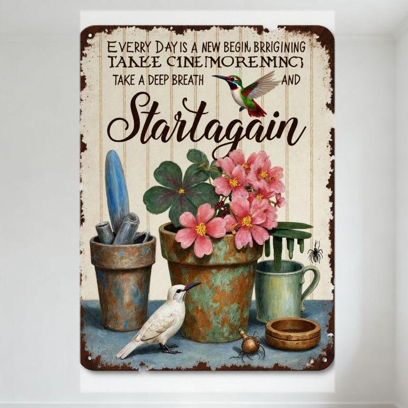 

Rustic Vintage Inspirational Metal Tin Sign - Every Day Is A New Begin... Hummingbird Garden Terracotta Pot Decor for Home Caf 20x30cm（7.8x11.8inch）
