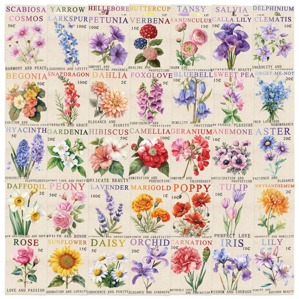 50 Cartoon Retro Stamps Flower Doodle Stickers Decorative Guitar Notebook Suitcase DIY Waterproof