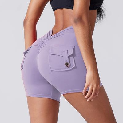 Pantalones cortos de yoga para mujer con bolsillo, fruncido en el trasero, leggings de gimnasio, cintura alta, push up, booty, pantalones cortos deportivos, fitness