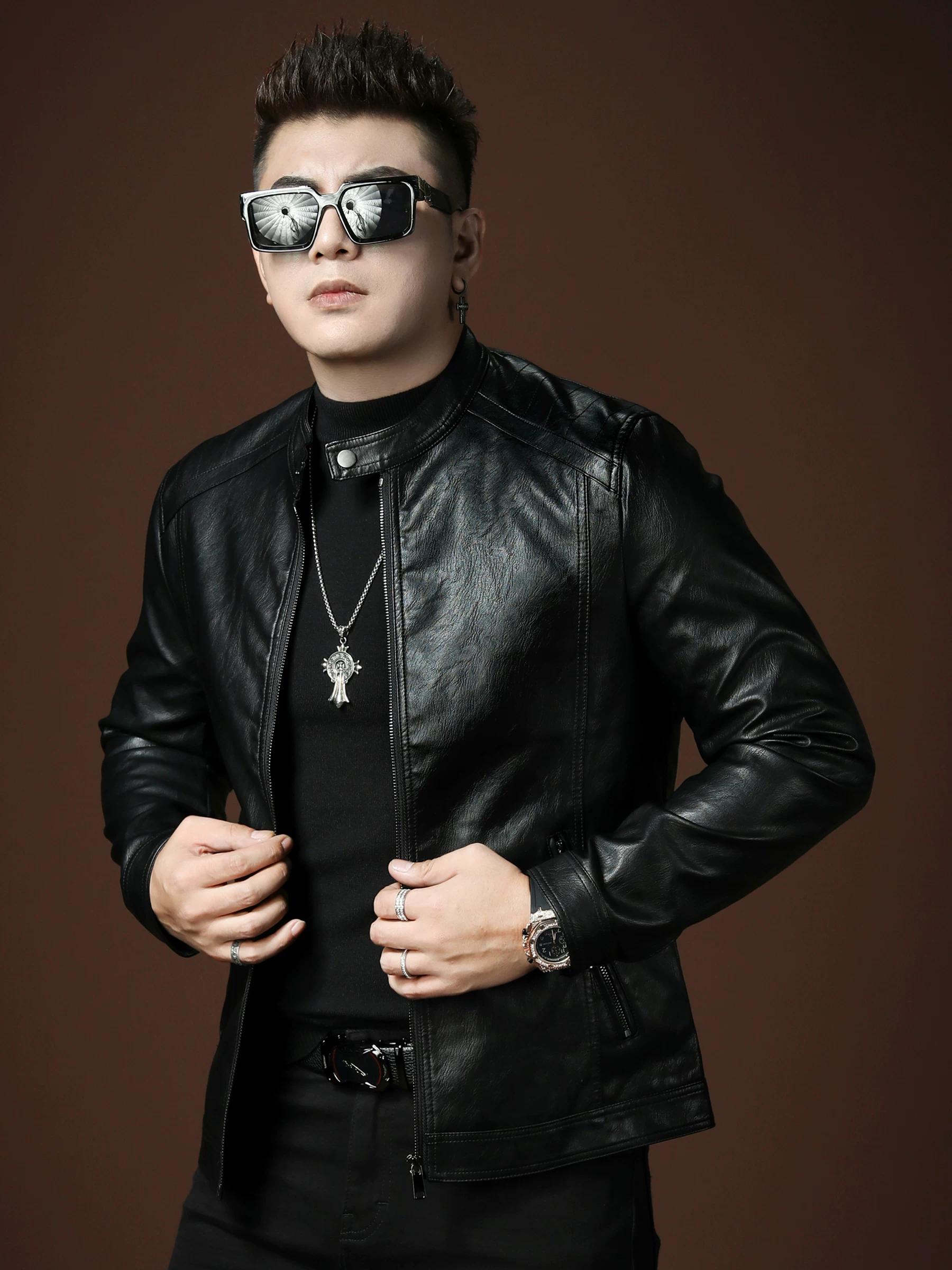 

Men s Stand-Collar Motorcycle Leather Jacket 3XL чёрный