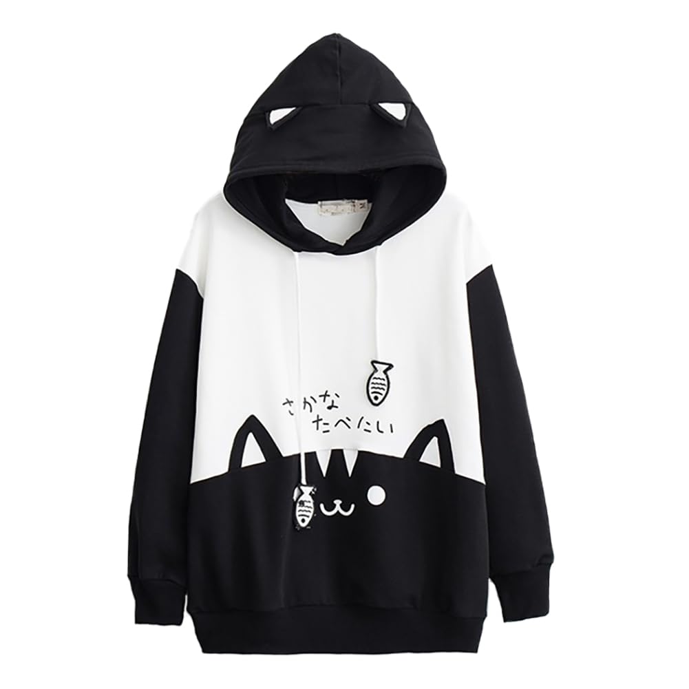 

L-Stoppastow Women s Hooded Hoodie, Spring/Autumn, Long Sleeve, Cat Print Pullover, Forest Girl Style, Cat Ears, Cute, Black, Size S