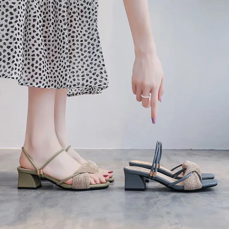Open Toe Block Heel Summer 2025 Sandals for Woman with Medium Heels Footwear Women's Shoes Korea Designer Trend The Best Casual